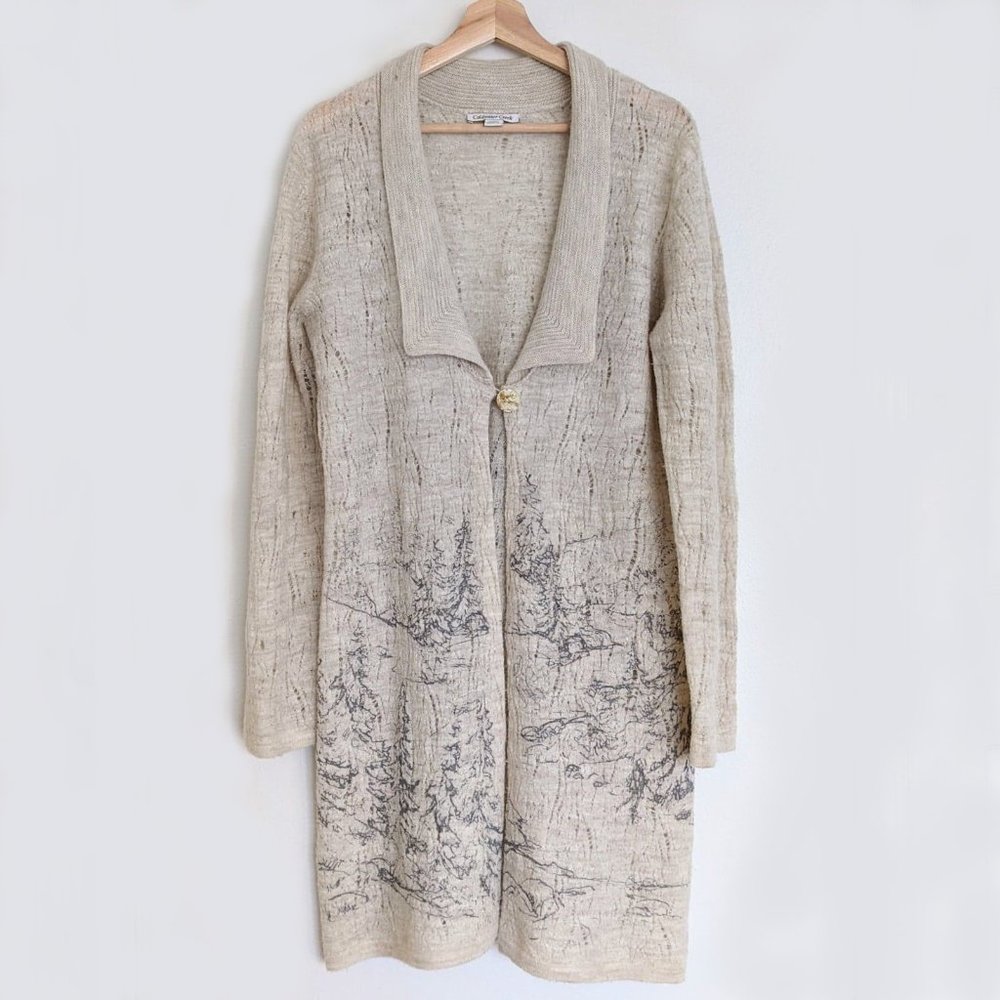 100% Wool Cream Alpine Mountain Print Duster Cardigan